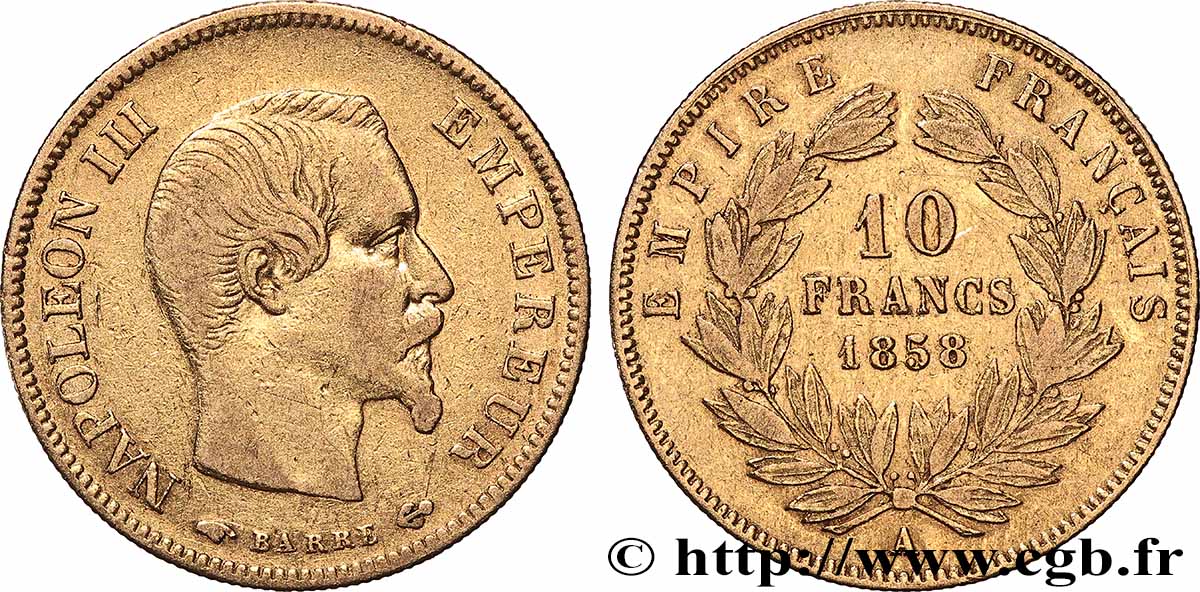 10 francs or Napoléon III, tête nue, grand module 1858 Paris F.506/5 TB