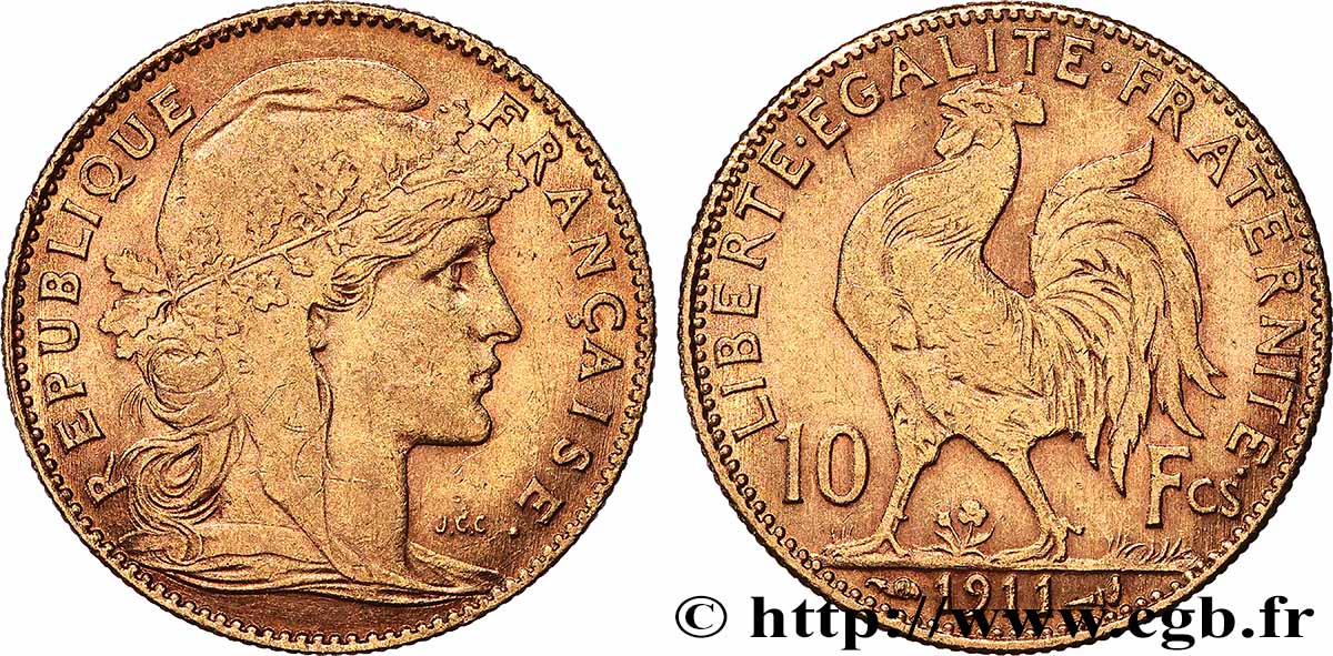 10 francs or Coq 1911 Paris F.509/12 BB