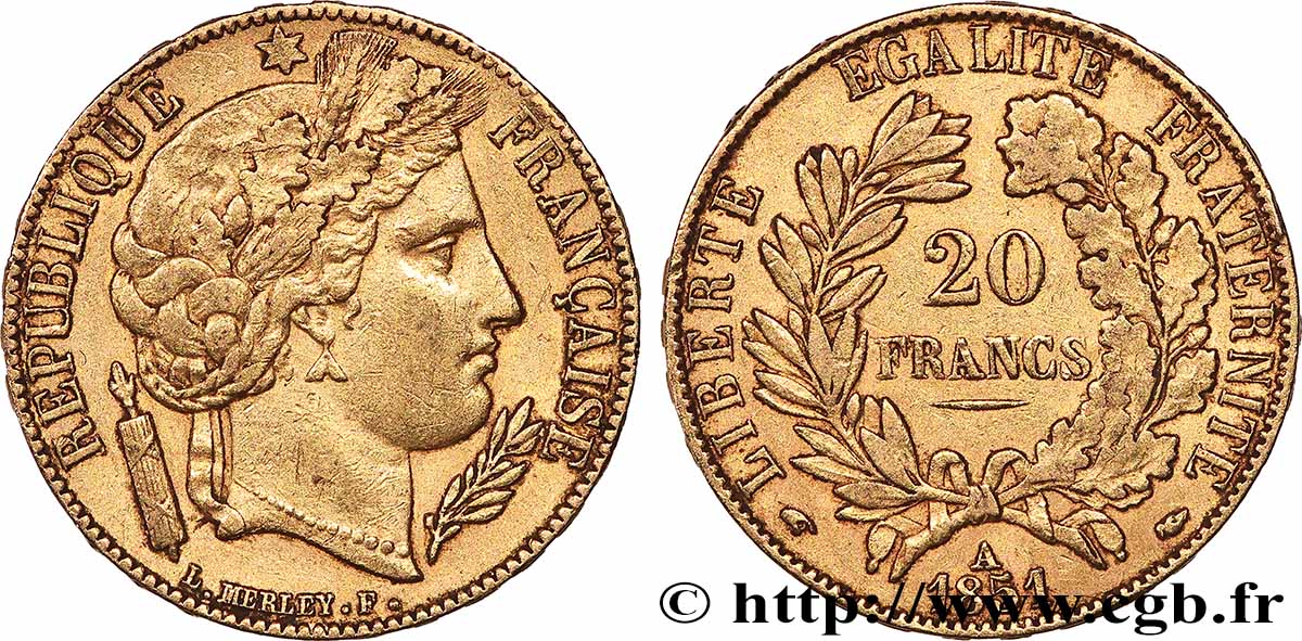 20 francs or Cérès 1851 Paris F.529/4 XF