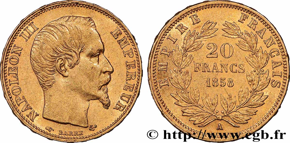 20 francs or Napoléon III, tête nue 1858 Paris F.531/13 TTB+