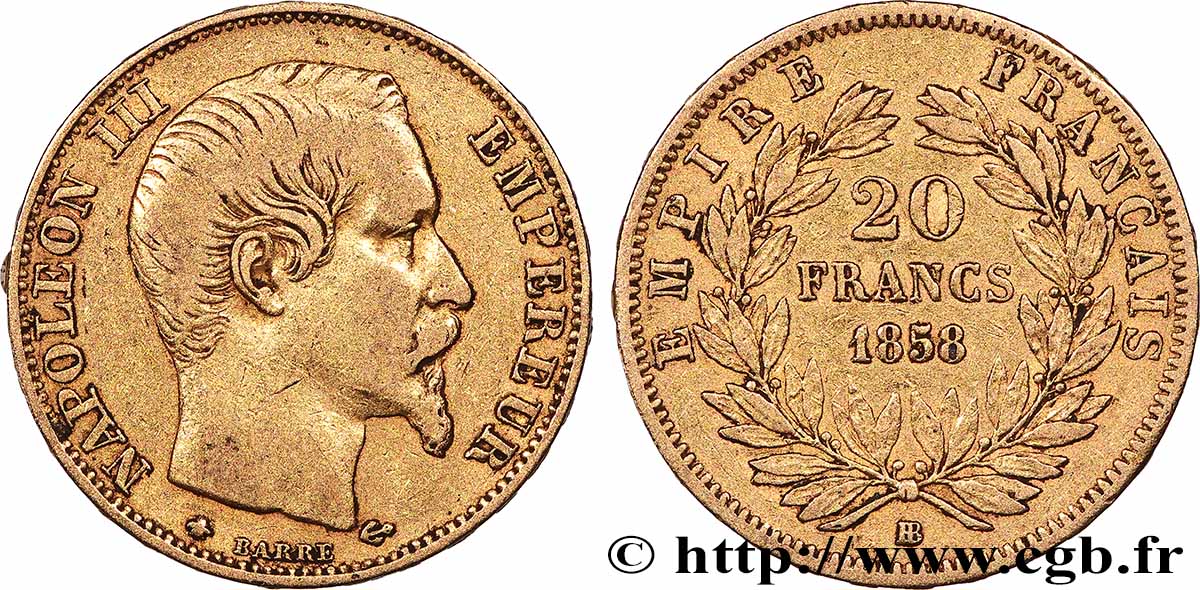 20 francs or Napoléon III, tête nue 1858 Strasbourg F.531/14 TB
