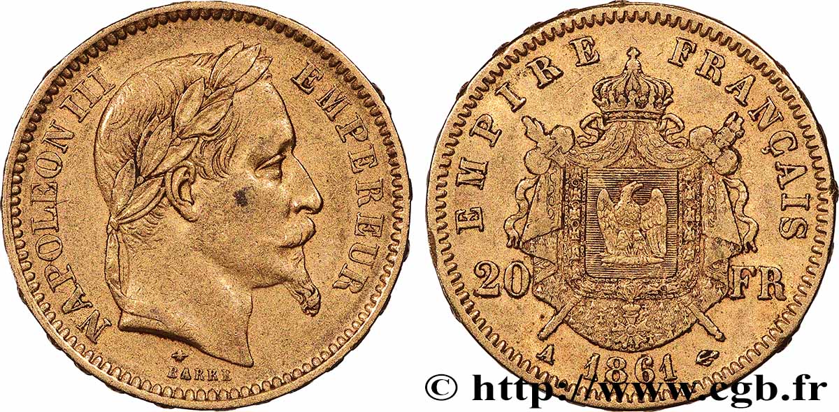 20 francs or Napoléon III, tête laurée 1861 Paris F.532/1 AU