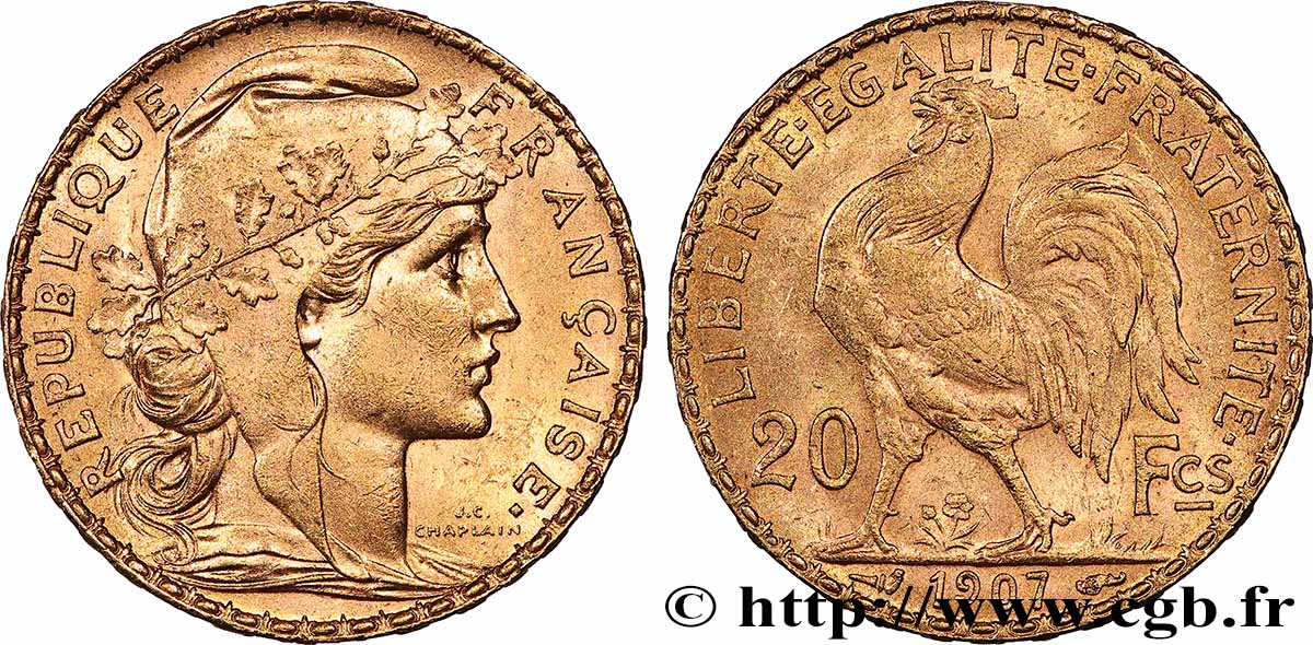 20 francs or Coq, Liberté Égalité Fraternité 1907 Paris F.535/1 SUP