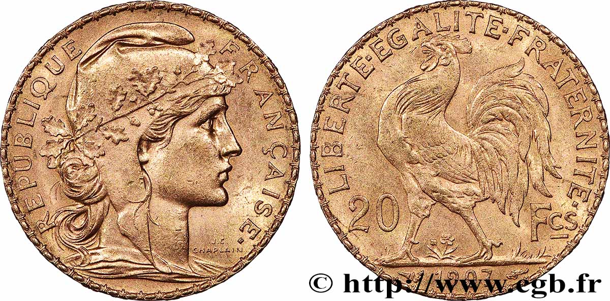 20 francs or Coq, Liberté Égalité Fraternité 1907 Paris F.535/1 SUP