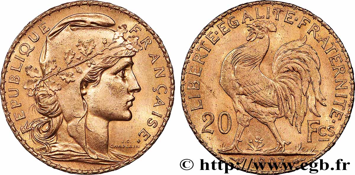 20 francs or Coq, Liberté Égalité Fraternité 1907 Paris F.535/1 SUP+