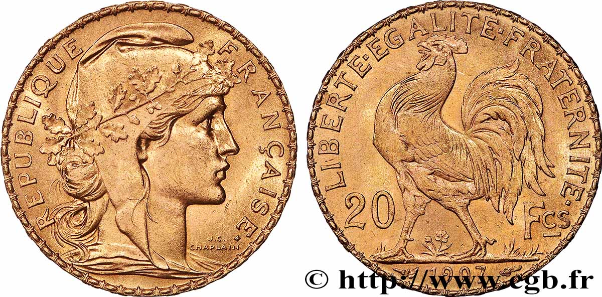20 francs or Coq, Liberté Égalité Fraternité 1907 Paris F.535/1 SUP+