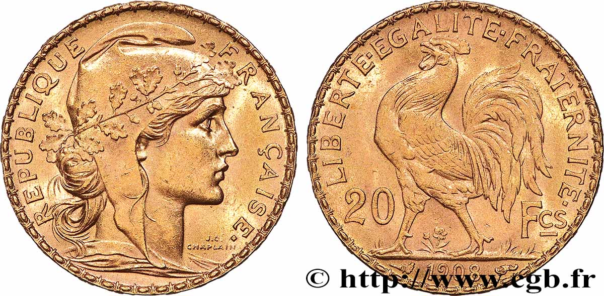 20 francs or Coq, Liberté Égalité Fraternité 1908 Paris F.535/2 SUP