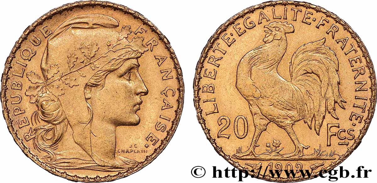 20 francs or Coq, Liberté Égalité Fraternité 1909 Paris F.535/3 TTB+
