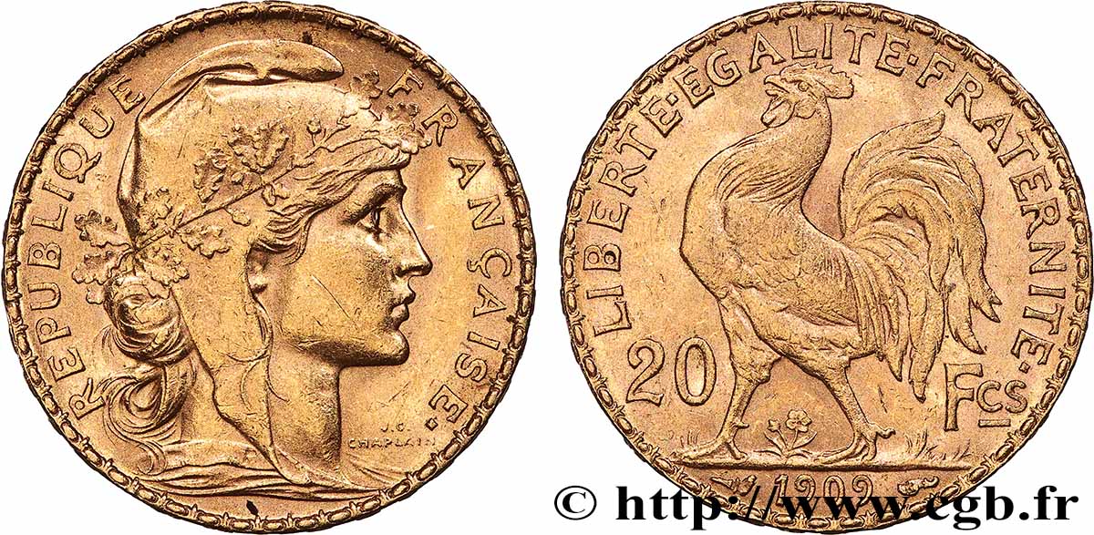 20 francs or Coq, Liberté Égalité Fraternité 1909 Paris F.535/3 TTB+
