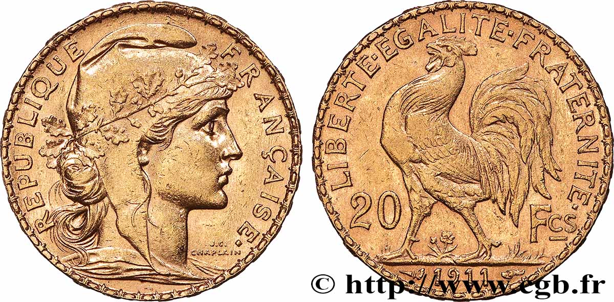 20 francs or Coq, Liberté Égalité Fraternité 1911 Paris F.535/5 SUP