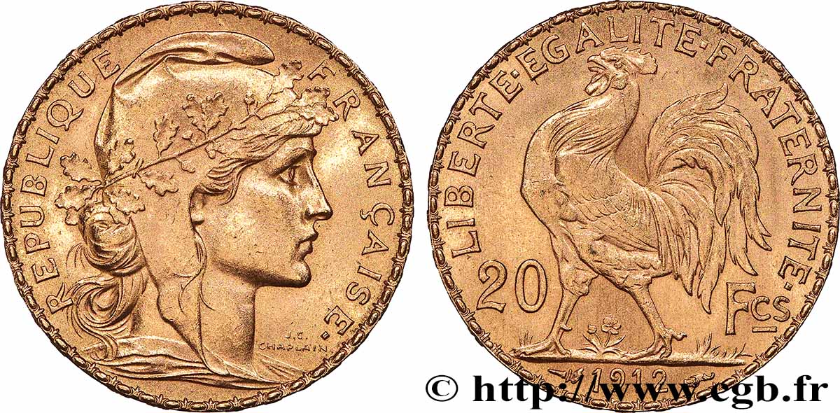20 francs or Coq, Liberté Égalité Fraternité 1912 Paris F.535/6 AU