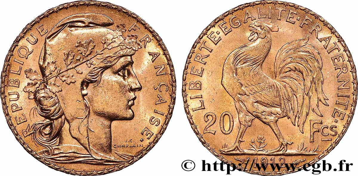20 francs or Coq, Liberté Égalité Fraternité 1912 Paris F.535/6 VZ