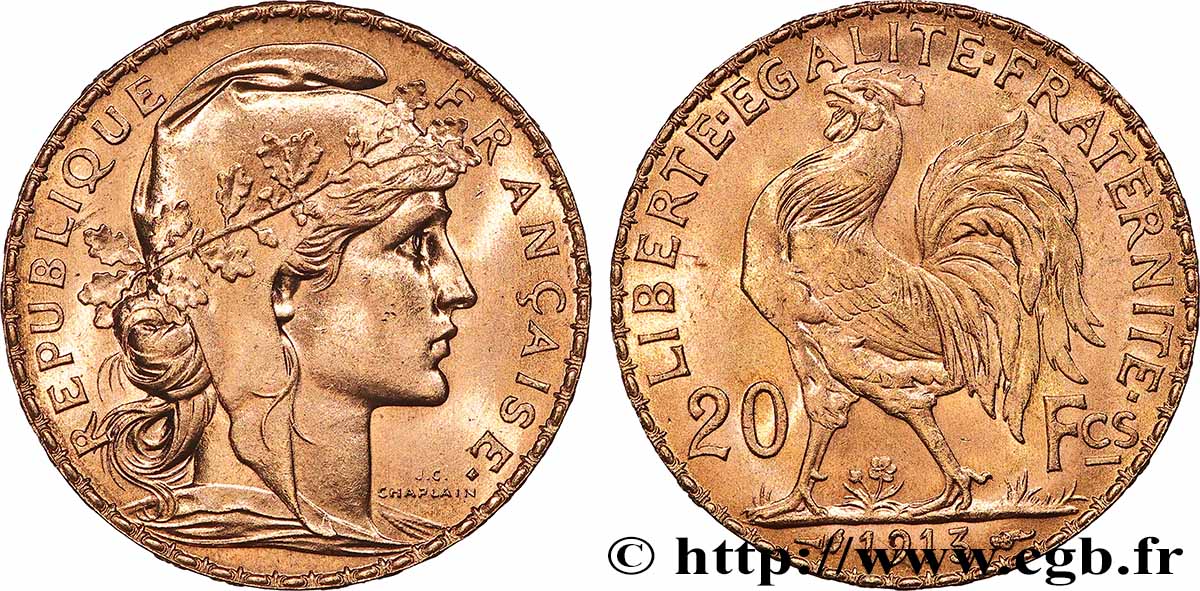 20 francs or Coq, Liberté Égalité Fraternité 1913 Paris F.535/7 SUP+