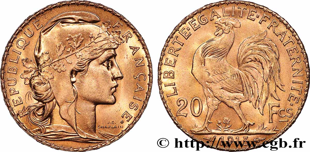20 francs or Coq, Liberté Égalité Fraternité 1913 Paris F.535/7 SUP+