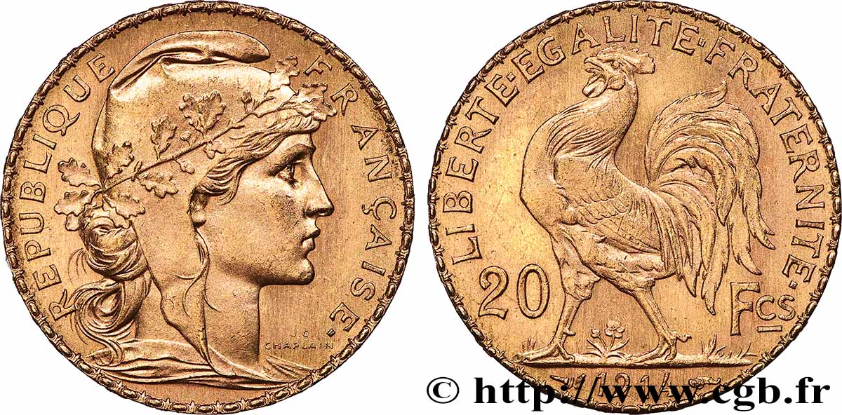 20 francs or Coq, Liberté Égalité Fraternité 1914 Paris F.535/8 VZ
