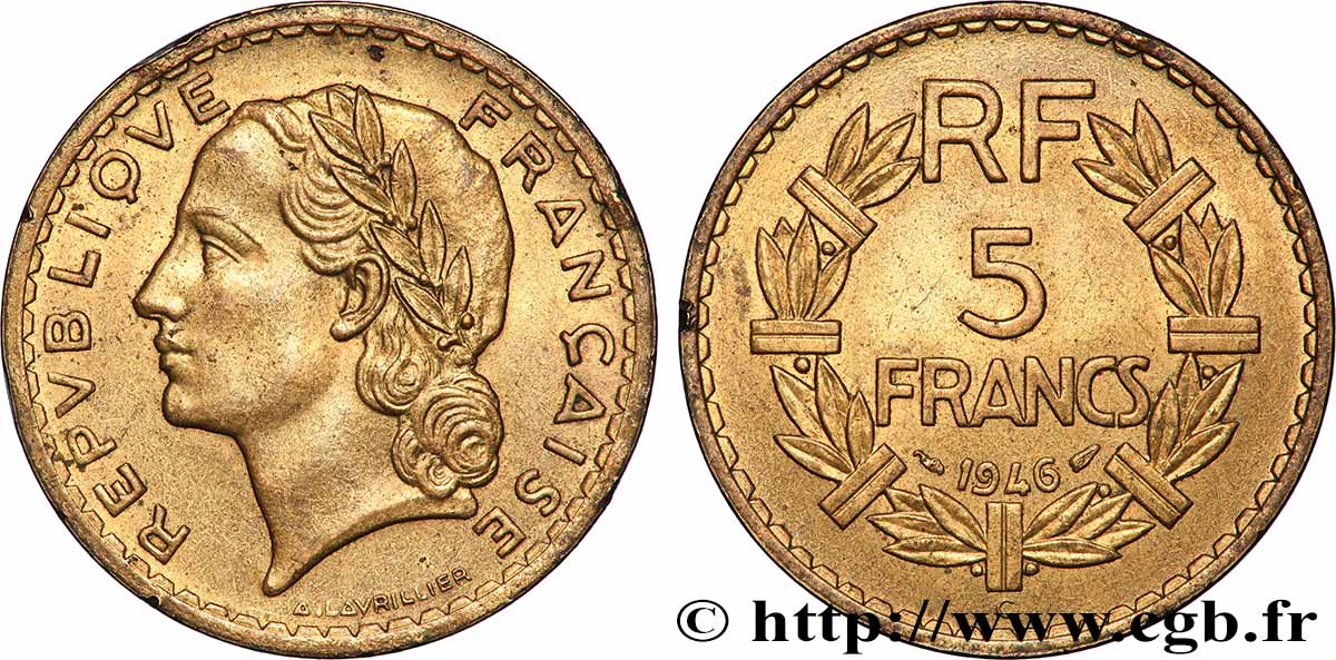 5 francs Lavrillier, bronze-aluminium 1946 Castelsarrasin F.337/8 AU
