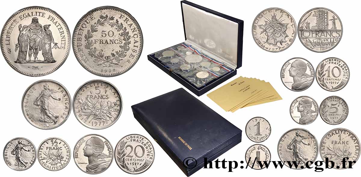 Coffret des 9 piéforts argent : 50, 10, 5, 1 et 1/2 franc et 20, 10, 5 et 1 centime 1977 Pessac GEM.292 CPA9 FDC