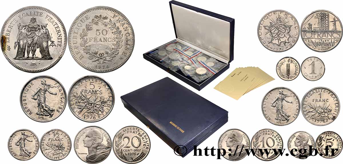 Coffret de 9 piéforts argent : 50, 10, 5, 1 et 1/2 franc et 20, 10, 5 et 1 centime 1976 Pessac GEM.292 CPA8 MS/MS