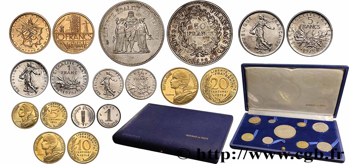 Coffret de 9 piéforts en métaux communs : 50, 10, 5, 1 et 1/2 franc et 20, 10, 5 et 1 centime 1975 Pessac GEM.291 CPA5 var. SPL/FDC