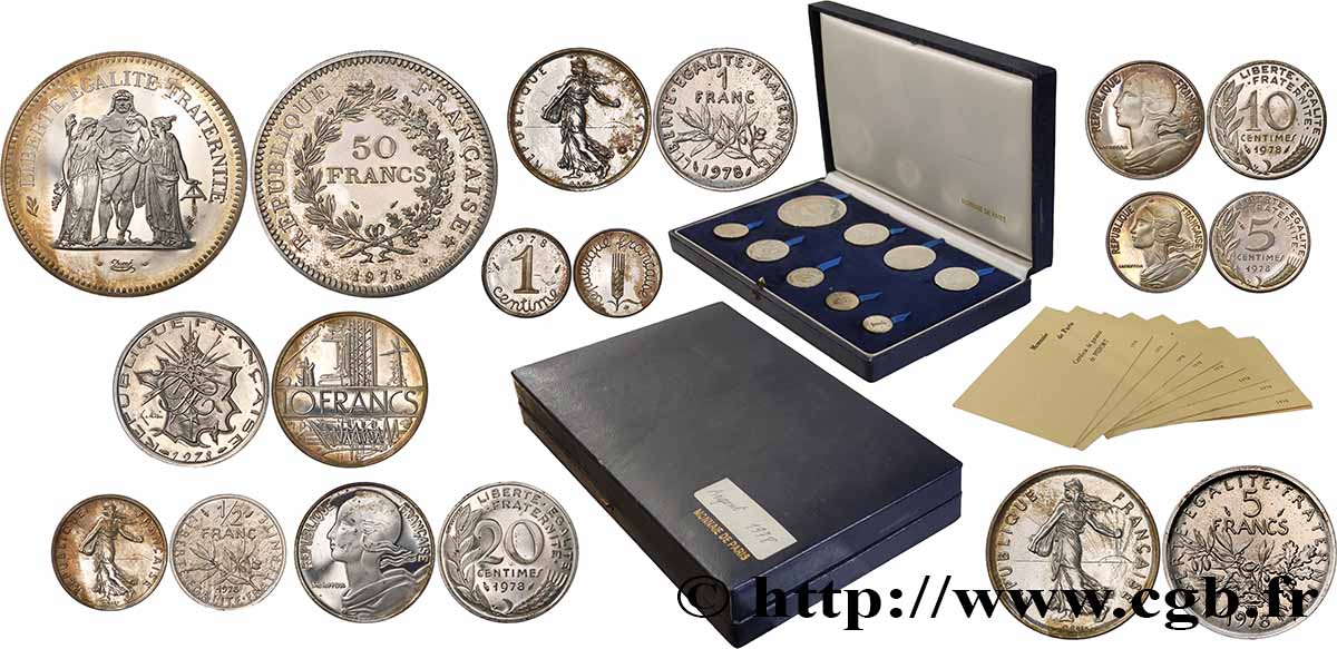 Coffret de 9 piéforts argent : 50, 10, 5, 1 et 1/2 franc et 20, 10, 5 et 1 centime 1978 Pessac GEM.292 CPA10 SUP+/FDC