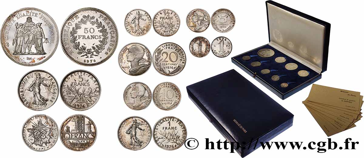 Coffret de 9 piéforts argent : 50, 10, 5, 1 et 1/2 franc et 20, 10, 5 et 1 centime 1976 Pessac GEM.292 CPA8 SUP/FDC
