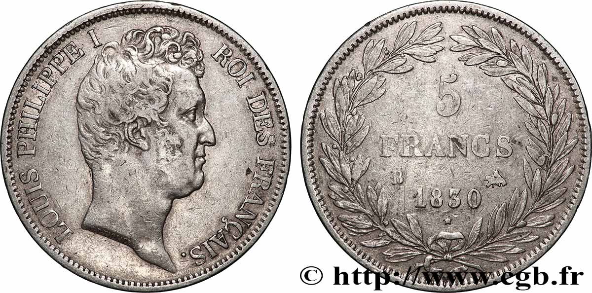 5 francs type Tiolier avec le I, tranche en creux 1830 Rouen F.315/2 TTB