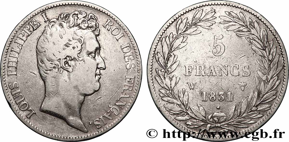 5 francs type Tiolier avec le I, tranche en creux 1831 Lille F.315/27 TB