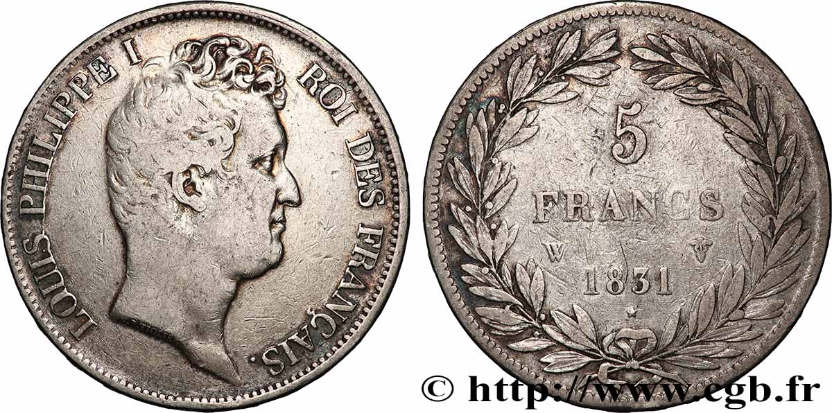 5 francs type Tiolier avec le I, tranche en relief 1831 Lille F.316/4 TB