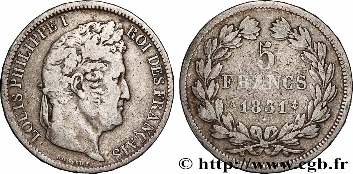 5 francs Ier type Domard, tranche en relief 1831 Paris F.320/1 TB