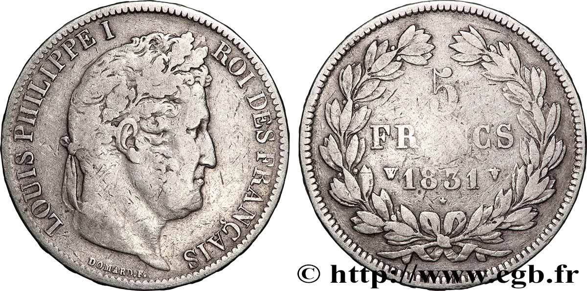 5 francs Ier type Domard, tranche en relief 1831 Lille F.320/13 MB