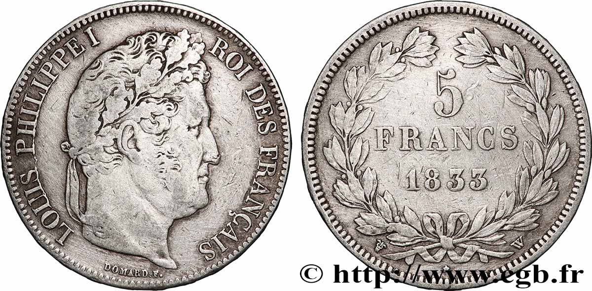 5 francs IIe type Domard 1833 Lille F.324/28 TB