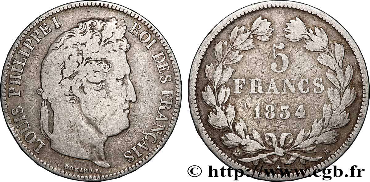 5 francs IIe type Domard 1834 Bordeaux F.324/35 TB