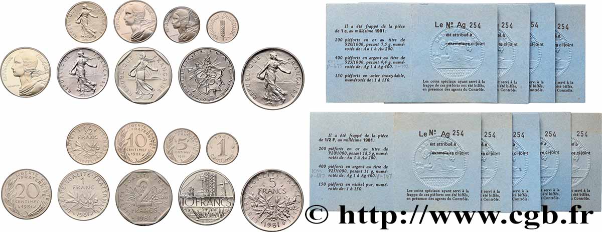 Série des 9 Piéforts en Argent : 10, 5, 2, 1 et 1/2 francs et 20, 10, 5 et 1 centimes 1981 Pessac GEM.292 CPA13 ST
