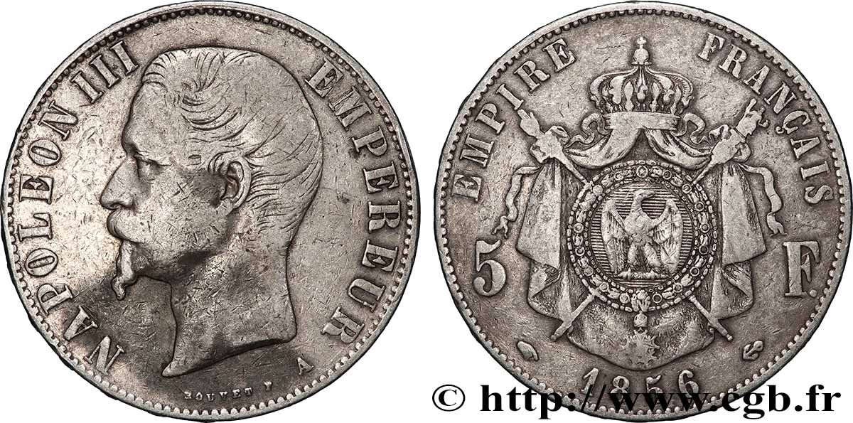 5 francs Napoléon III, tête nue 1856 Paris F.330/6 TB