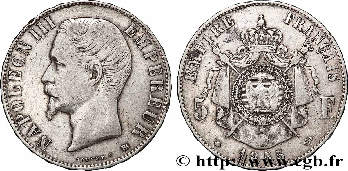 5 francs Napoléon III, tête nue 1855 Strasbourg F.330/4 TB+