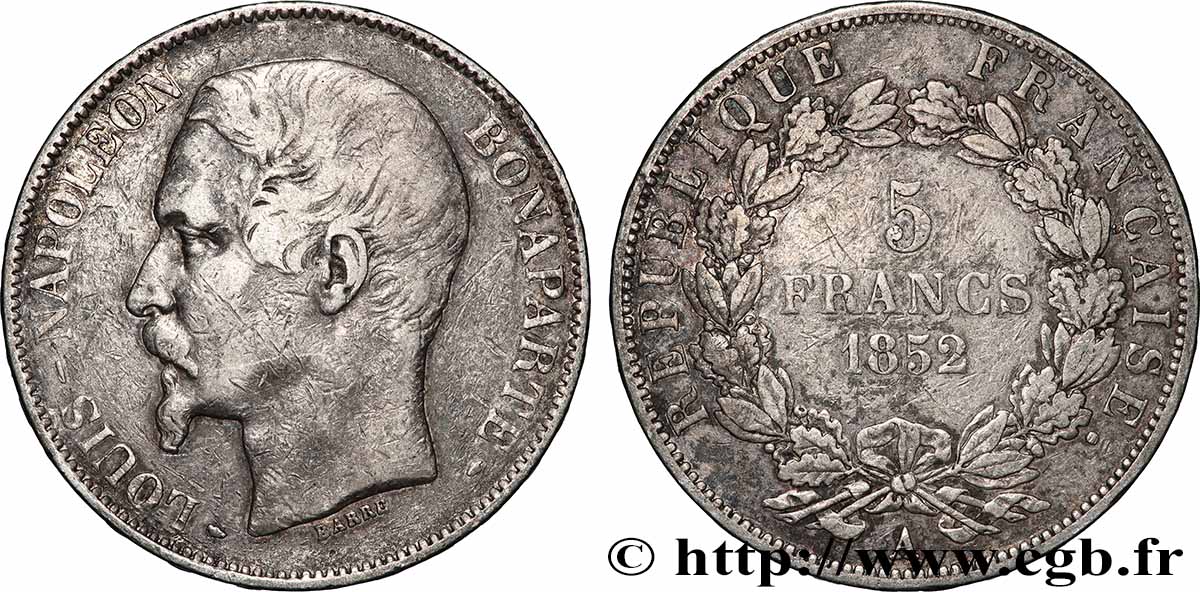 5 francs Louis-Napoléon, 1er type 1852 Paris F.329/1 TB