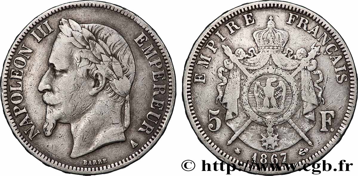 5 francs Napoléon III, tête laurée 1867 Paris F.331/10 TB