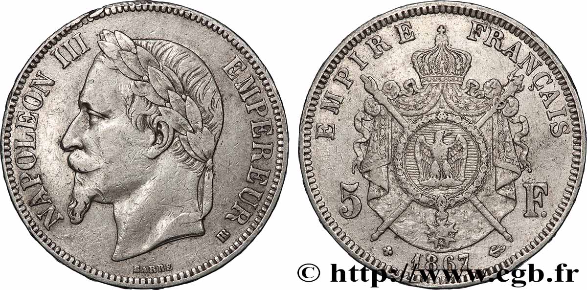 5 francs Napoléon III, tête laurée 1867 Strasbourg F.331/11 TB+