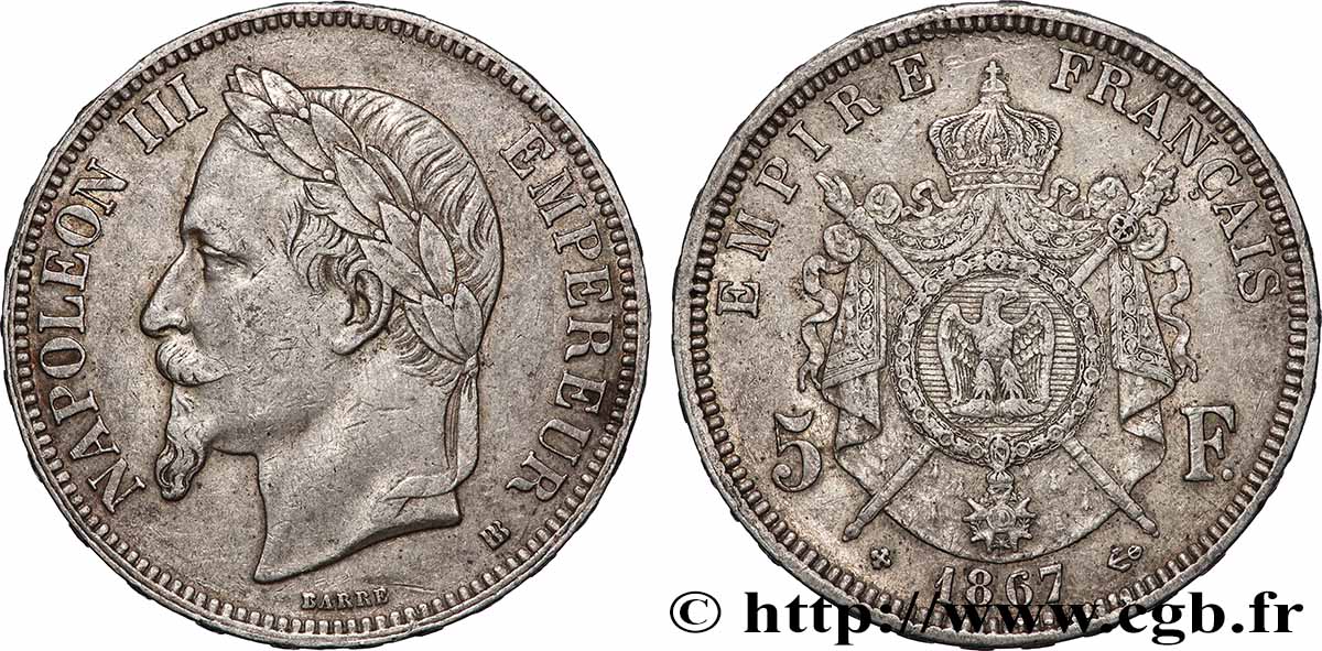 5 francs Napoléon III, tête laurée 1867 Strasbourg F.331/11 TTB