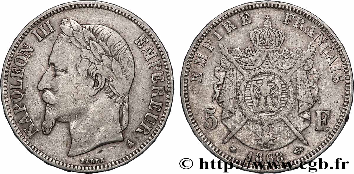 5 francs Napoléon III, tête laurée 1868 Paris F.331/12 TB