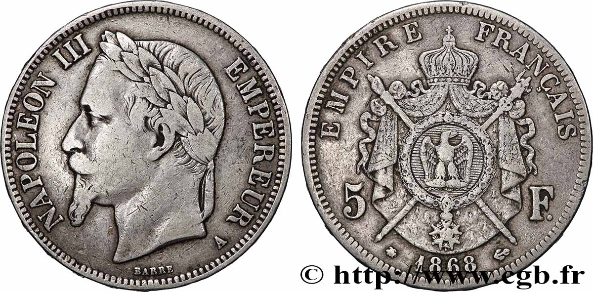 5 francs Napoléon III, tête laurée 1868 Paris F.331/12 TB