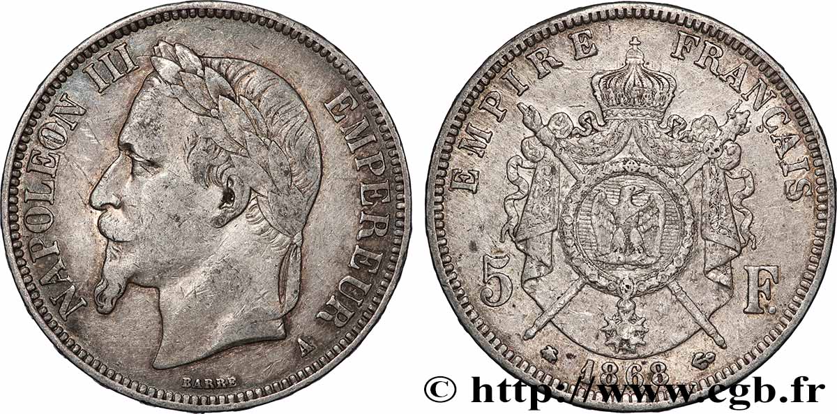 5 francs Napoléon III, tête laurée 1868 Paris F.331/12 TB