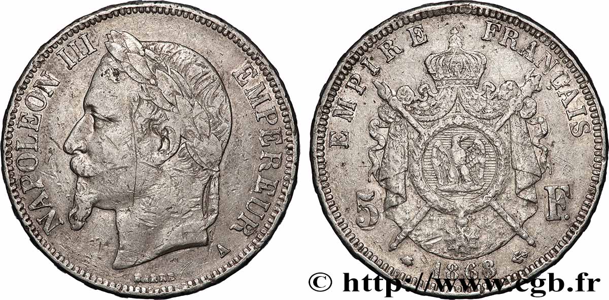 5 francs Napoléon III, tête laurée 1868 Paris F.331/12 TB