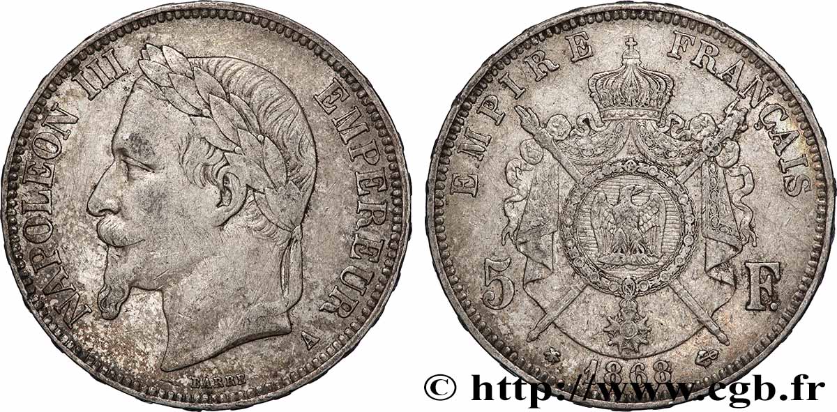 5 francs Napoléon III, tête laurée 1868 Paris F.331/12 TB+