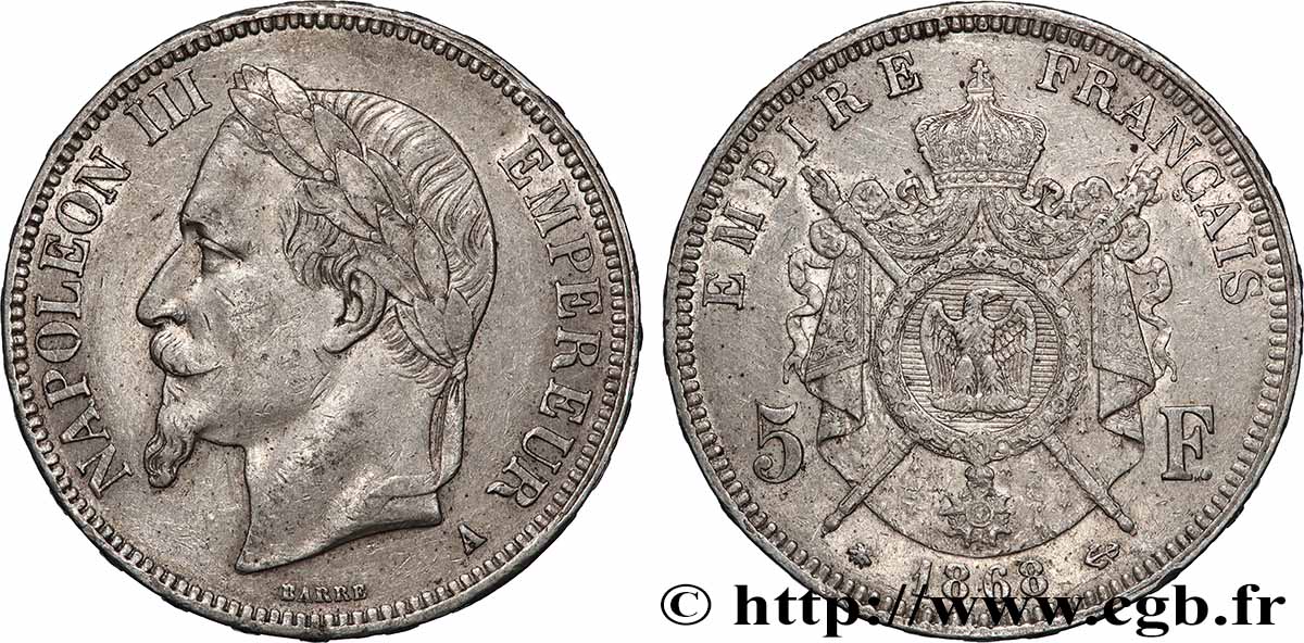 5 francs Napoléon III, tête laurée 1868 Paris F.331/12 TB+