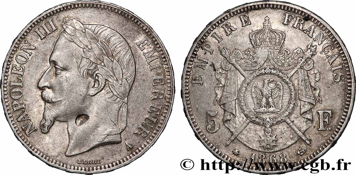 5 francs Napoléon III, tête laurée 1868 Paris F.331/12 TB+