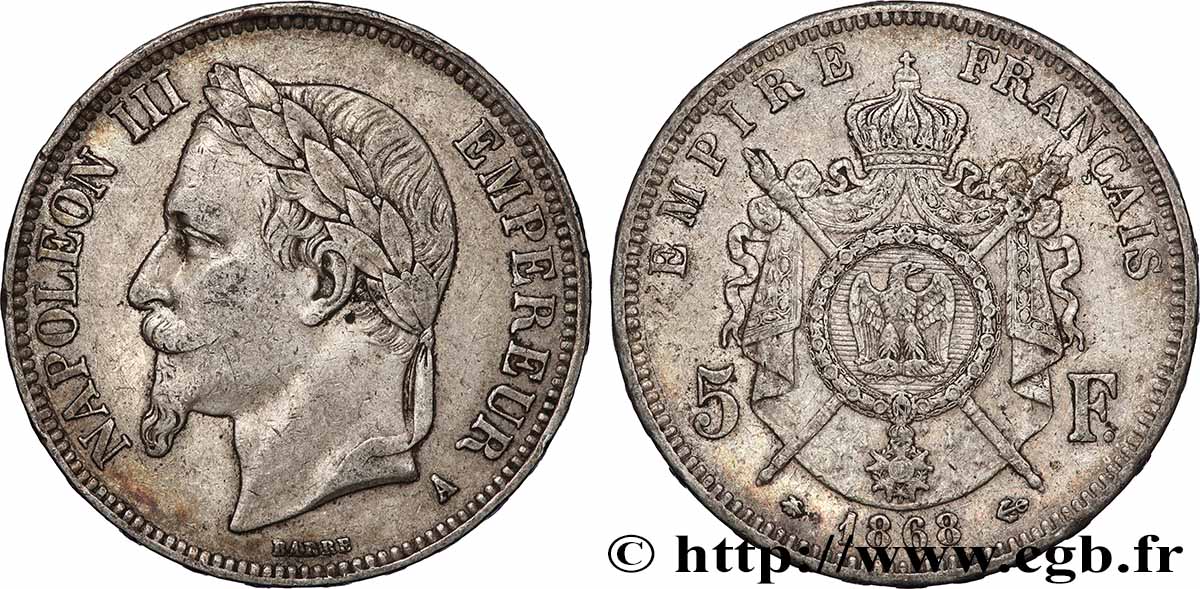 5 francs Napoléon III, tête laurée 1868 Paris F.331/12 TB+