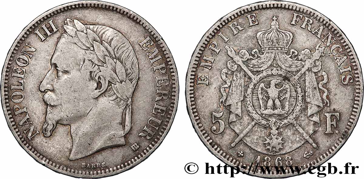 5 francs Napoléon III, tête laurée 1868 Strasbourg F.331/13 TB+