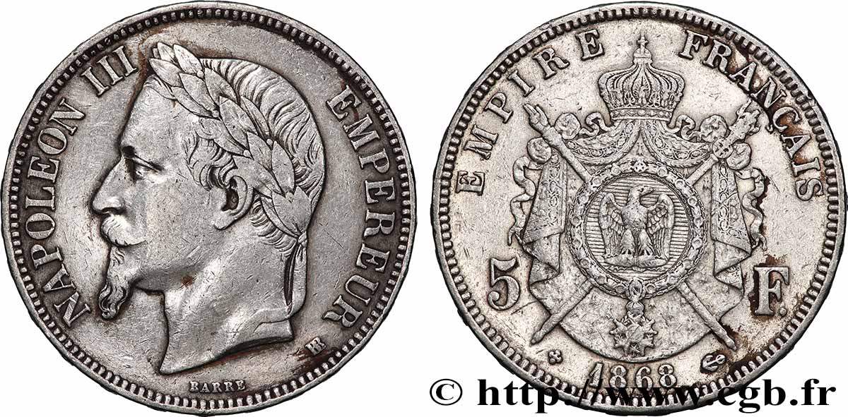 5 francs Napoléon III, tête laurée 1868 Strasbourg F.331/13 TB+
