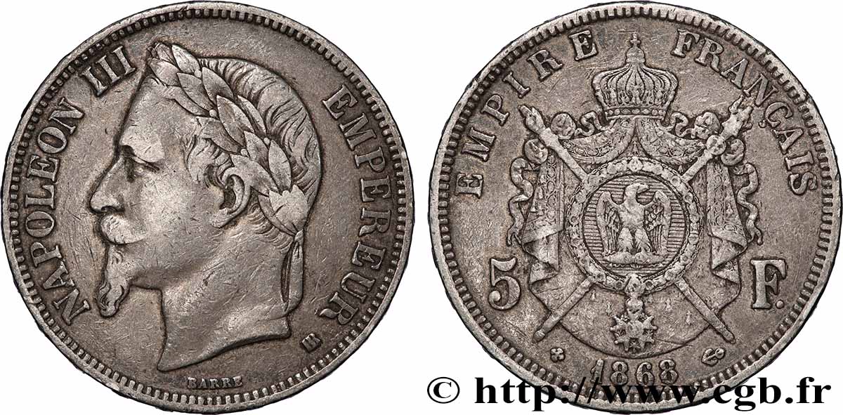 5 francs Napoléon III, tête laurée 1868 Strasbourg F.331/13 TB+